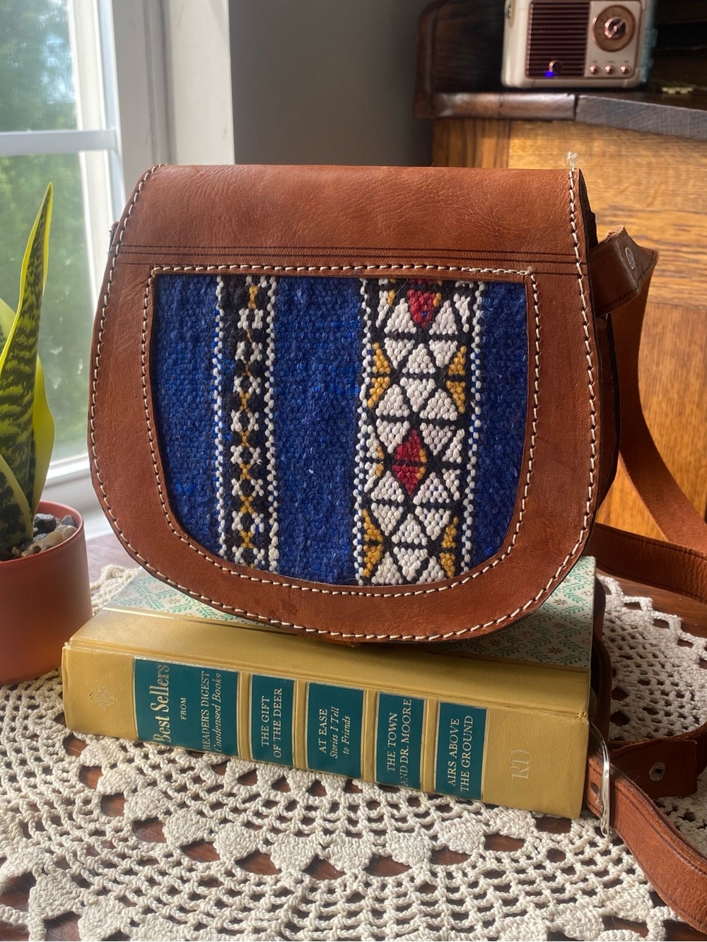 Southwestern Handcrafted Brown Leather Saddle Bag with Blue Woven Panel